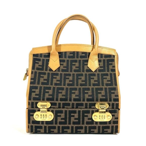 FENDI vintage Zucca logo Box-shaped bag Hand Bag Canvas/Leather Brown - Picture 1 of 16